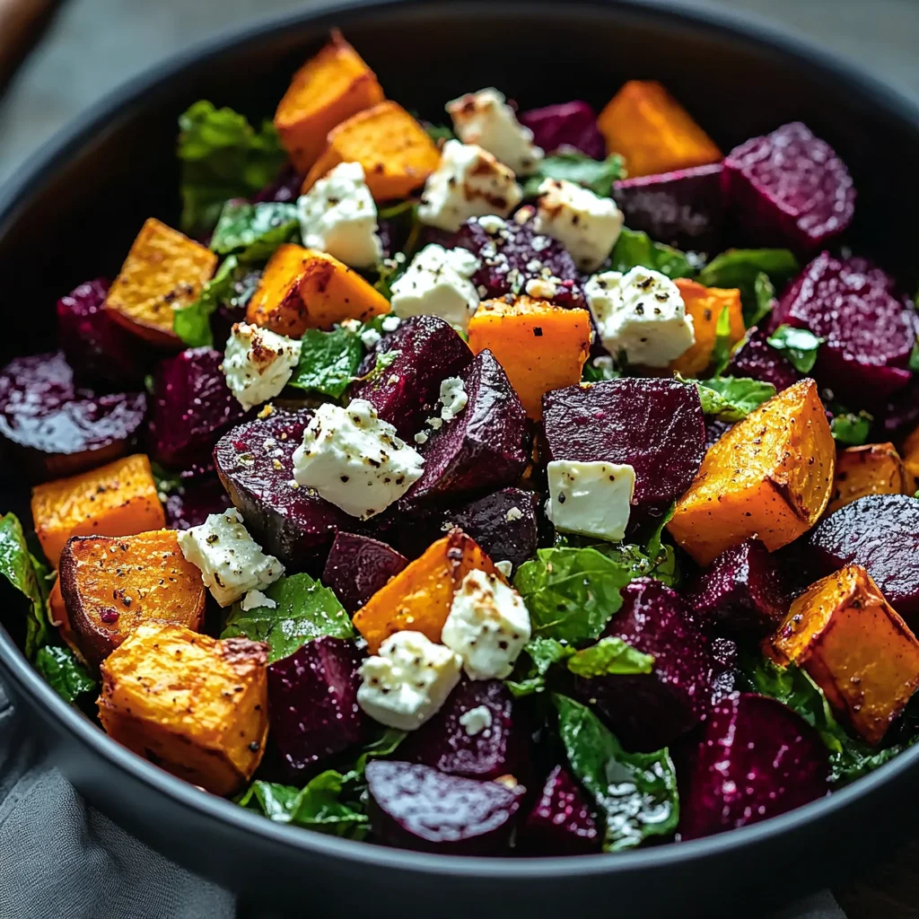 Creamy Roasted Beet Salad with Sweet Potato & Feta