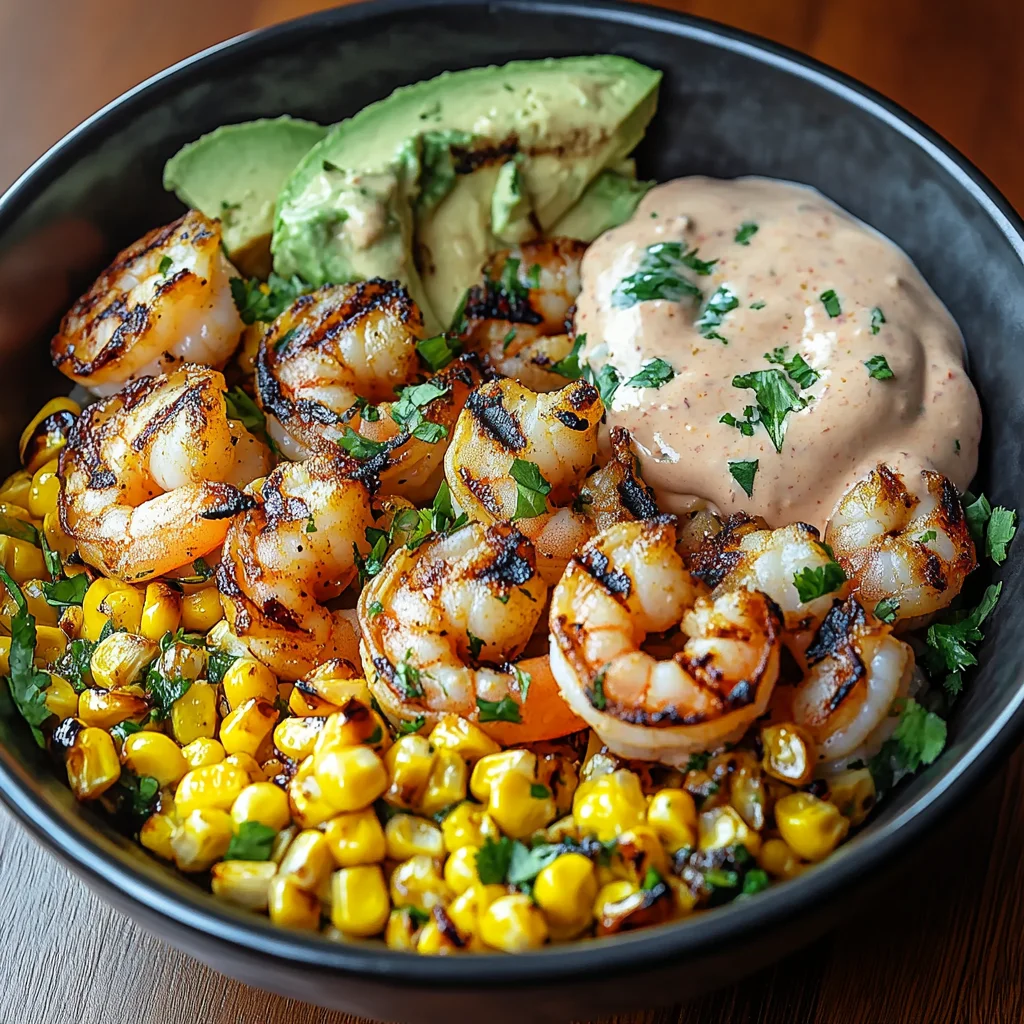 Grilled Shrimp Bowl with Corn Salsa & Creamy Cilantro Sauce