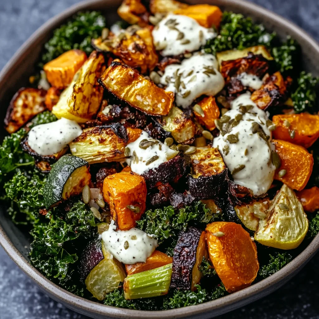 Kale and Roasted Vegetable Salad with Lemon Tahini Dressing