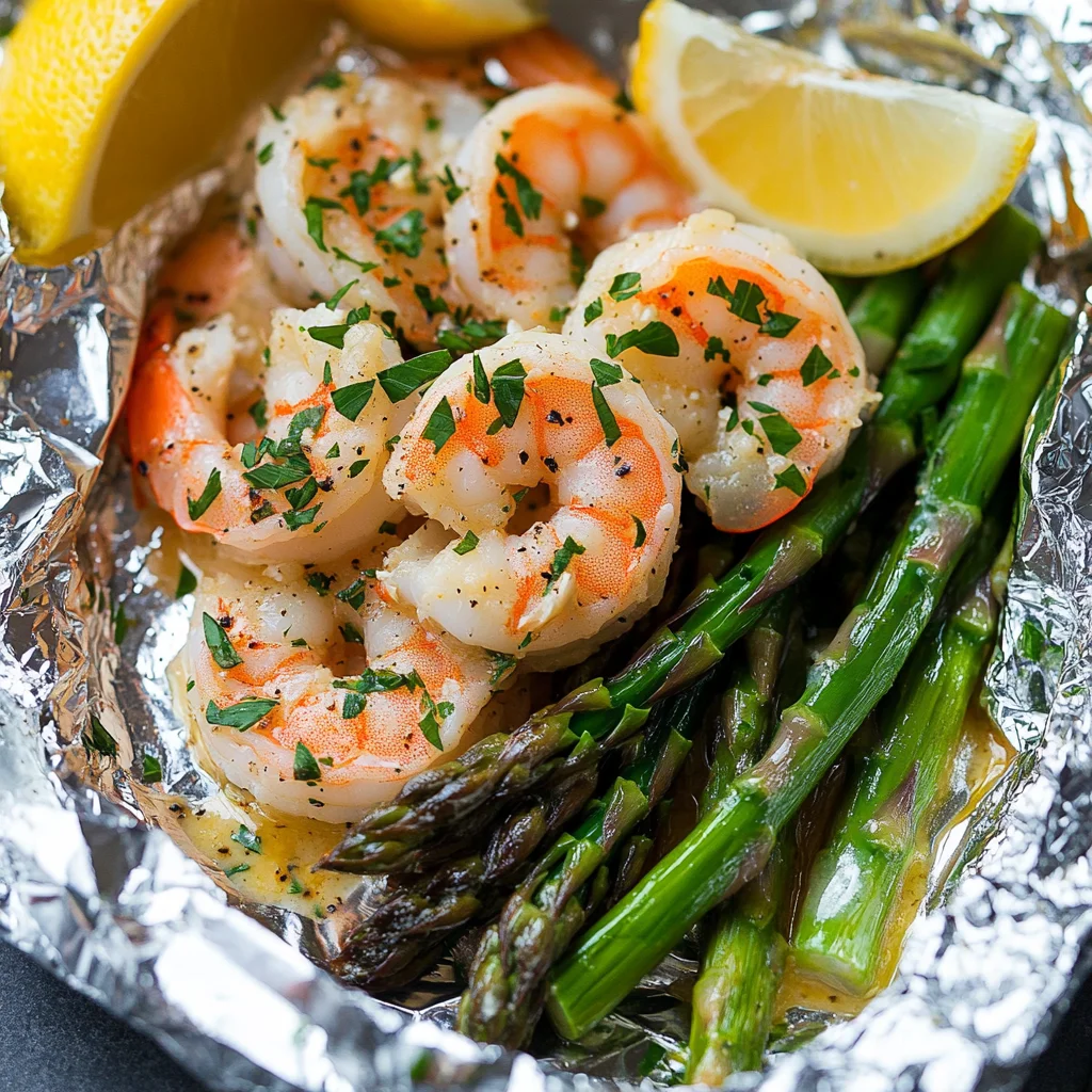 Shrimp and Asparagus Foil Packs with Garlic Lemon Butter Sauce