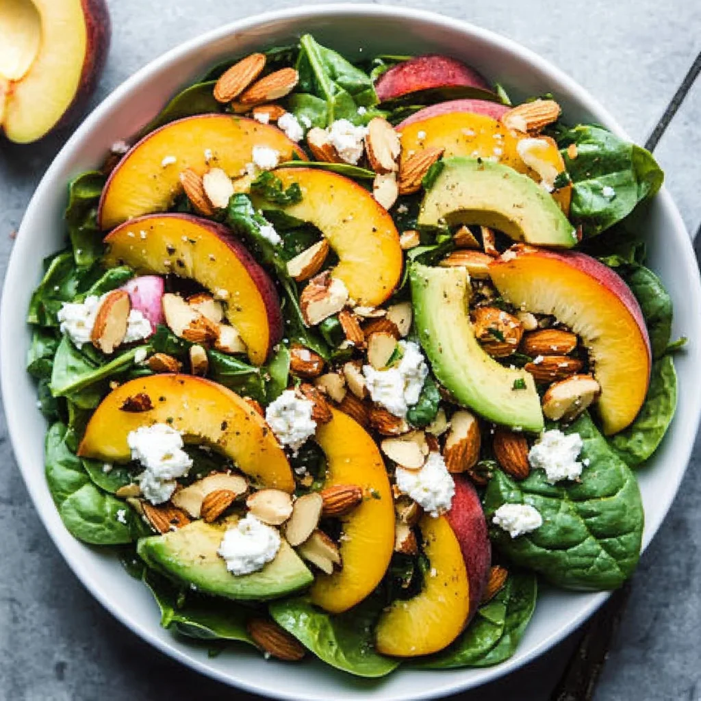 Summer Peach Spinach Salad with Avocado, Toasted Almonds + Goat Cheese