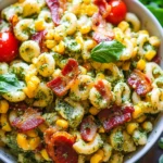Corn Pasta Salad with Turkey Bacon and Creamy Pesto Dressing