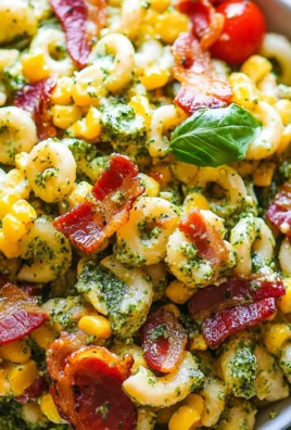 Corn Pasta Salad with Turkey Bacon and Creamy Pesto Dressing