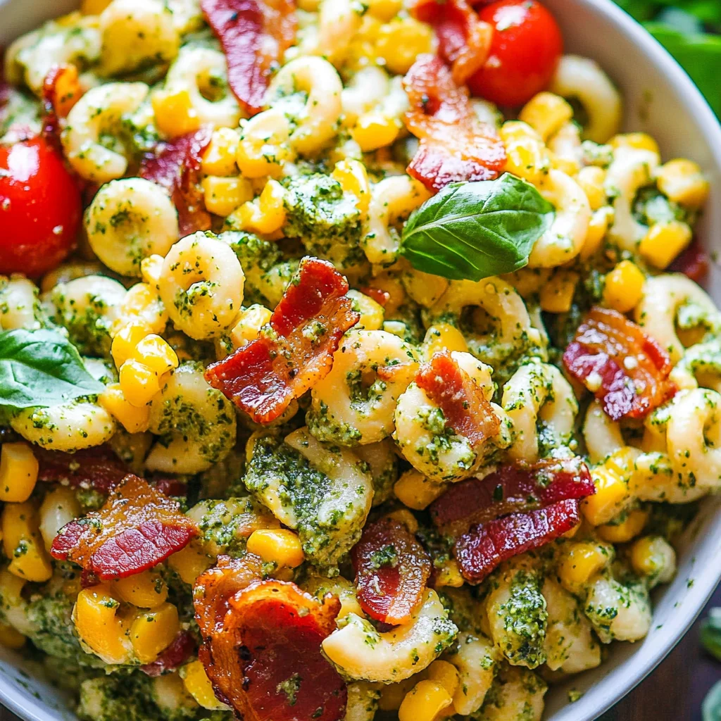 Corn Pasta Salad with Turkey Bacon and Creamy Pesto Dressing