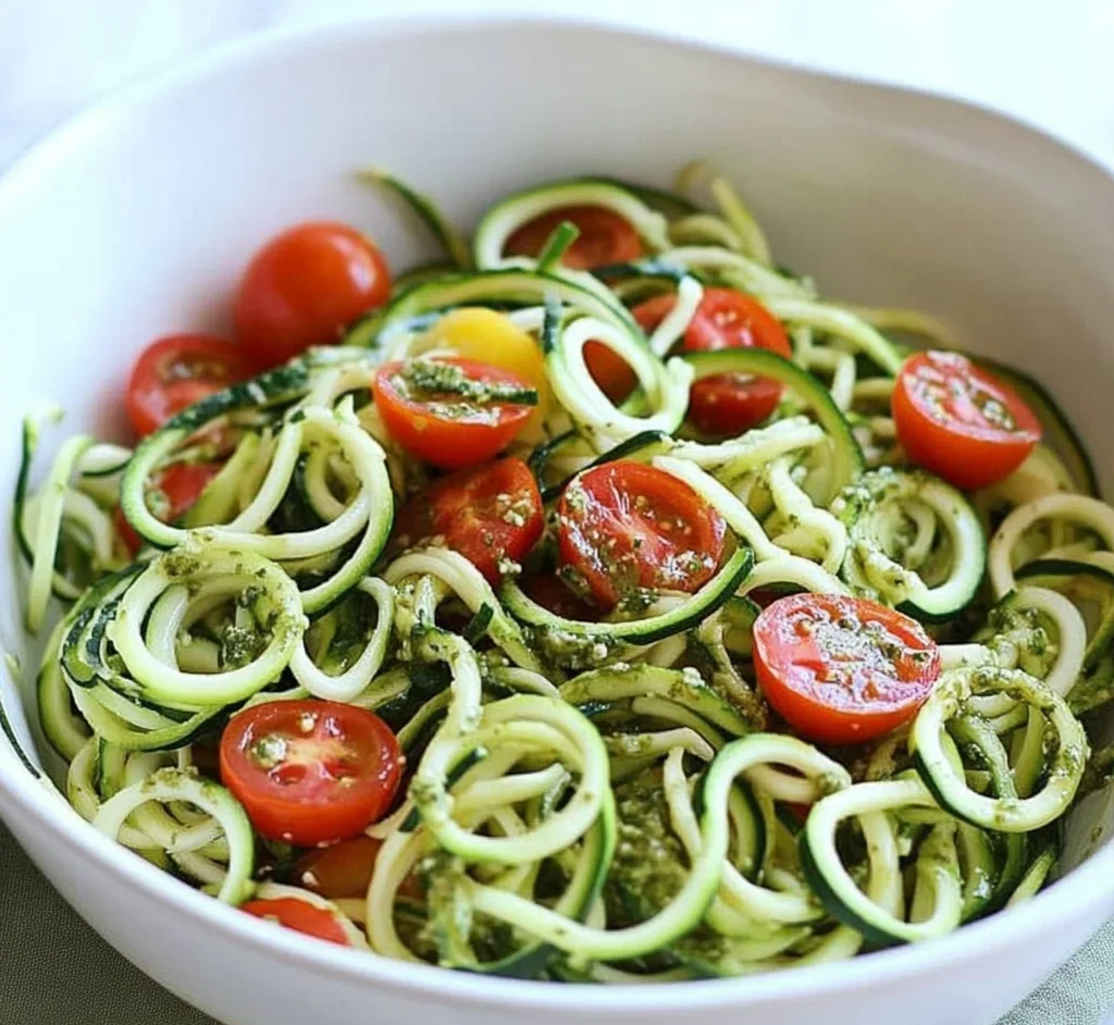 Raw Spiralized Zucchini Noodles with Tomatoes and Pesto
