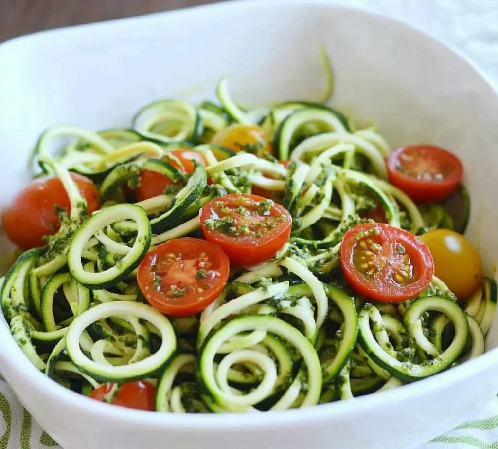 Raw Spiralized Zucchini Noodles with Tomatoes and Pesto