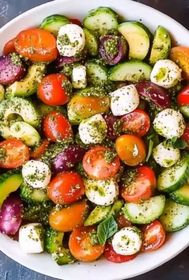 Tomato Cucumber Avocado Salad with Mozzarella and Basil Pesto