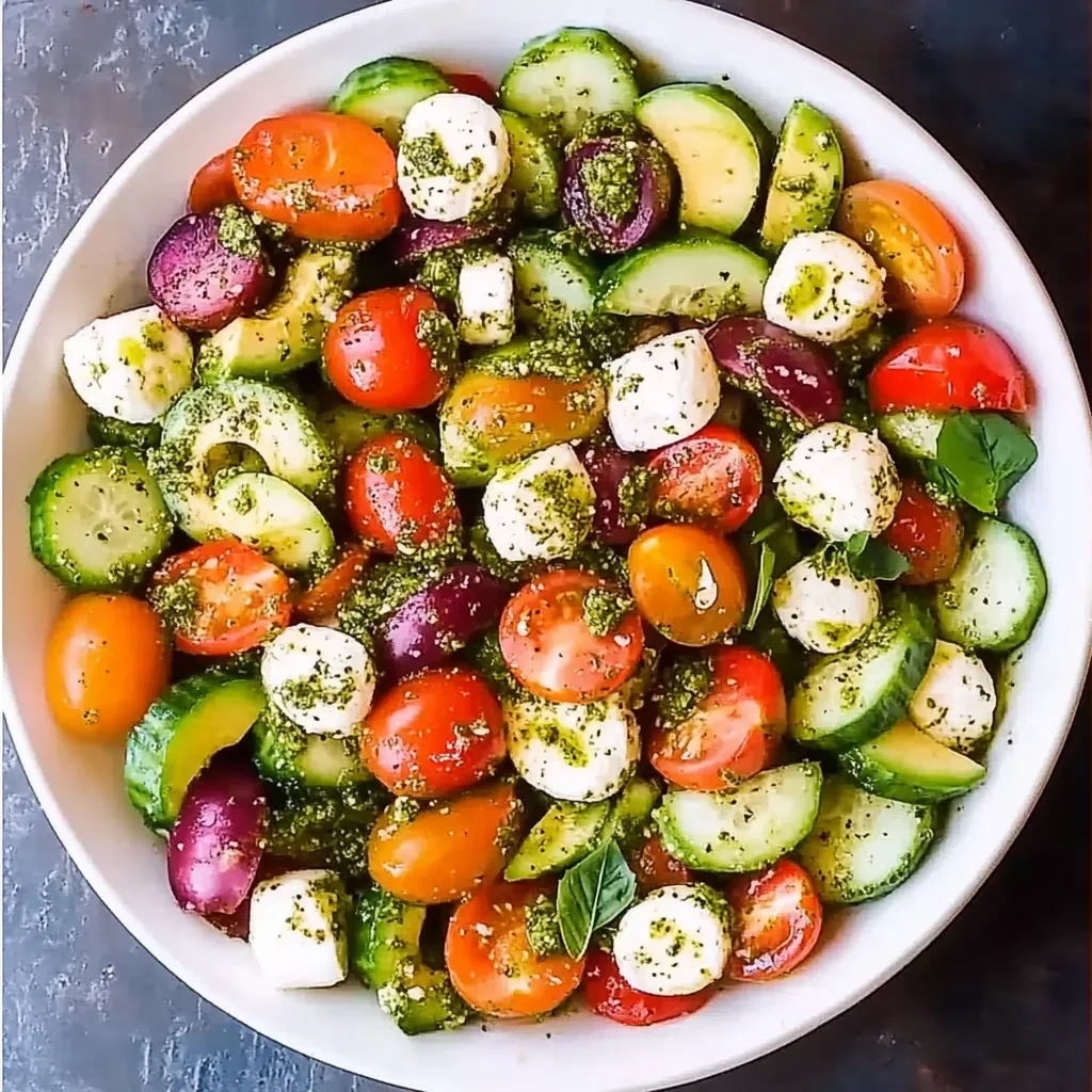 Tomato Cucumber Avocado Salad with Mozzarella and Basil Pesto