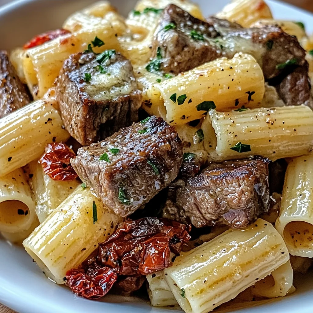 Garlic Butter Steak Tips with Cheesy Rigatoni